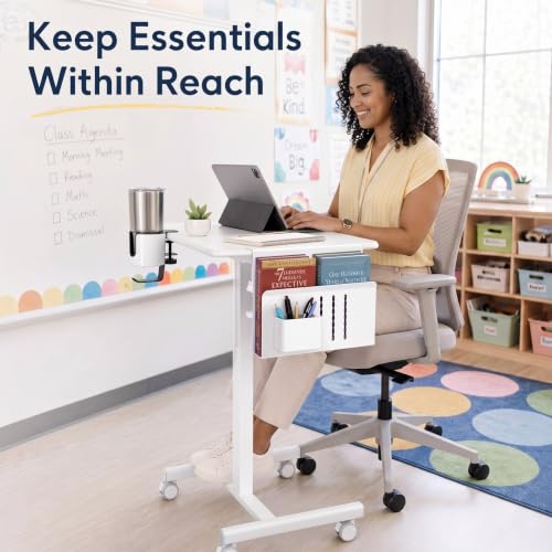 Roowest 2 Pcs Teacher Rolling Desk Accessories Cup Holder & Desk-side Storage Organizer Teacher Classroom Standing Desk Organizer White Laptop Holder with 2-layer Anti-spill Under Mug Hook, Heavy Duty