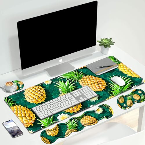 4 in 1 Ergonomic Keyboard Wrist Rest & Mouse Pad Wrist Rest Set, Large XXL Gaming Desk Mat 31.5"x 11.8" with Non-Slip Base, Memory Foam for Home Office Study Gaming, Pineapple - color: Pineapple
