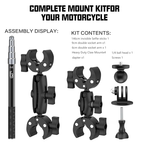 Taisioner Aluminum Alloy Motorcycle Handlebar Mount Double Clamp Locking Anti-Fall, 47" Invisible Selfie Stick for Insta360 X5/X4/X3/X2/ONE RS/GO 2/3 Hero 13-7 DJI Camera