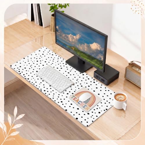 Eaasty 2 Pcs Teacher Desk Decor Large Polka Dot Desk Mat and Boho Rainbow Mouse Pad, 32x16'' Non Slip Rubber Base Computer Desks Mat for Back to School Gift Classroom Office Teacher Must Have