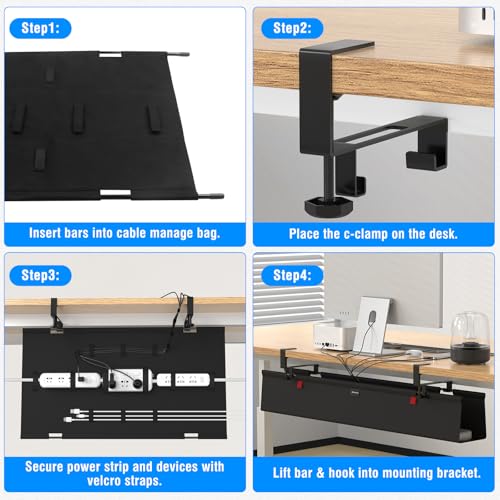 No Drill Under Desk Cable Management Tray, 20" Cord Management Tray with Cable Loop, Upgraded Oxford Fabric Wire Management for Standing Desk - No Damage to Table - size: 20 inch