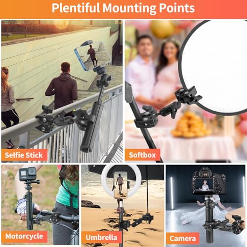 Double Super Clamp Camera Mount, Umbrella Holder Bracket with 360° Ballhead Magic Arm for Pole, Tripod Clamp Mount for Cross Bar, Light Stand, Strollers, Photo Boom Stand, Reflector, Chair
