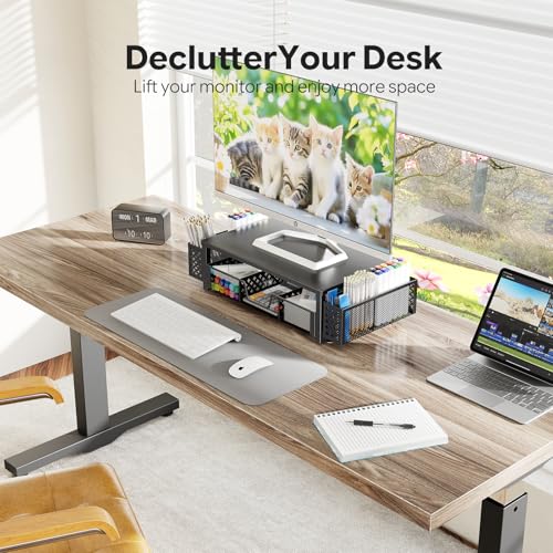 Simple Trending Desk Organizer and Accessories, 2-Tier Computer Monitor Stand Riser with Drawer & 2 Pen Holders, Office Desk Accessories & Workspace, Laptop & Printer Stand for Desktop, Black - size: 18.5"W x 9.5"D x 4.75"H