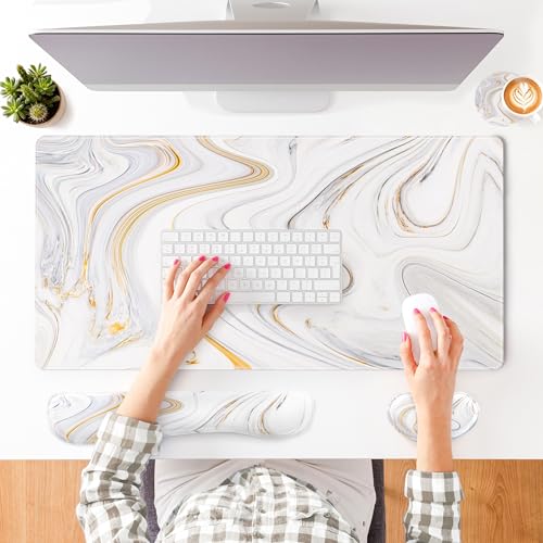 QIYI Leather Desk Mat Set, 4-in-1 Large Mouse Pad with Ergonomic Wrist Rest, Waterproof Desk Pad + Keyboard Wrist Rest + Mouse Wrist Support+Coaster, Non-Slip Office Gaming Accessories, Marble Stripes - color: White Marble Stripes