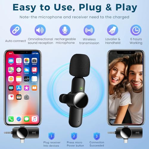 Mini Microphone for iPhone Android, 3 Wireless Lavalier Microphones | USB-C Lightning 3.5mm receiver, plug and play noise reduction mic for camera, TikTok, YouTube, vlog and interviews