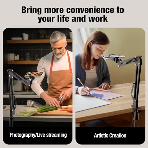 Overhead Phone Mount with USB LED Light, Adjustable Articulating Arm & 360° Rotatable Phone Holder, Flexible Stand for Live Streaming, Video Recording, Drawing, Cooking - size: 7.9-inch LED light