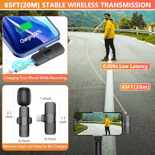 Wireless Microphone for iPhone, Android Phone, Laptop, 2 Pack Lavalier Microphone for Video Recording, Mini Mics with Noise Reduction for Podcast YouTube TikTok Vlog