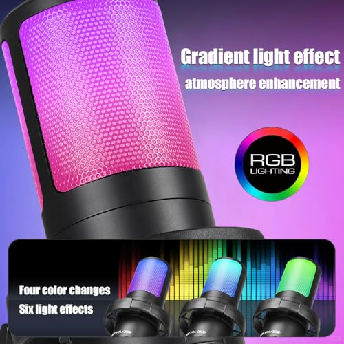 Gaming Mic for PC & PS5, RGB USB Streaming Microphone with Quick Mute