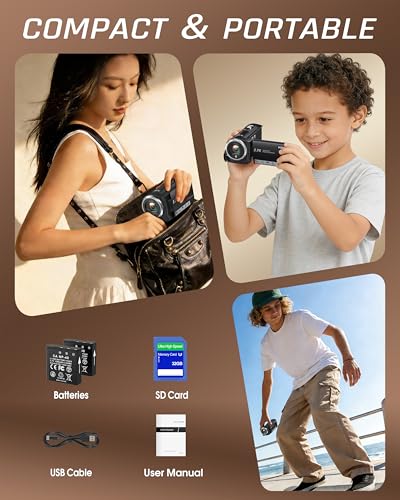 Video Camera Camcorder, QHD 2.7K 56MP 16X Digital Vlogging Camera with LED Fill Light for YouTube, 2.8'' 270° Rotation Screen Camcorder Camera with 32GB Card and Two Batteries