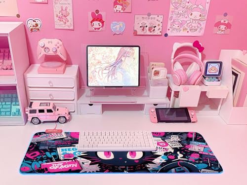 JMIYAV Pink RGB Gaming Mouse Pad 31.5x12 Inch PC XL Large Extended Glowing Led Light Up Desk Pad Non-Slip Rubber Base Computer Cute Mousepad Mat Desk Accessories Gaming Setup 104 - color: Cyber Meow