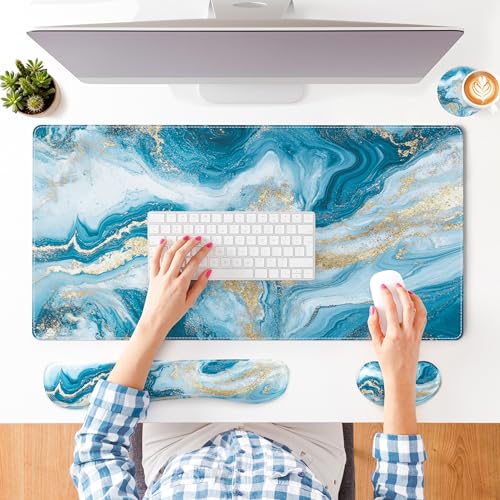 QIYI Leather Desk Mat Set, 4-in-1 Large Mouse Pad with Ergonomic Wrist Rest, Waterproof Desk Pad + Keyboard Wrist Rest + Mouse Wrist Support+Coaster, Non-Slip Office Gaming Accessories, Blue Fluid Art - color: Blue Fluid Art