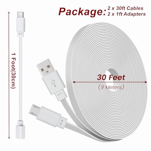 weishan 2-Pack 30ft Power Extension Cable Compatible with eufy SoloCam S220, S340 and Indoor Cam E220, P24, C120-9m Long Flat USB to Micro USB Charging Cord with USB-C Adapter, White