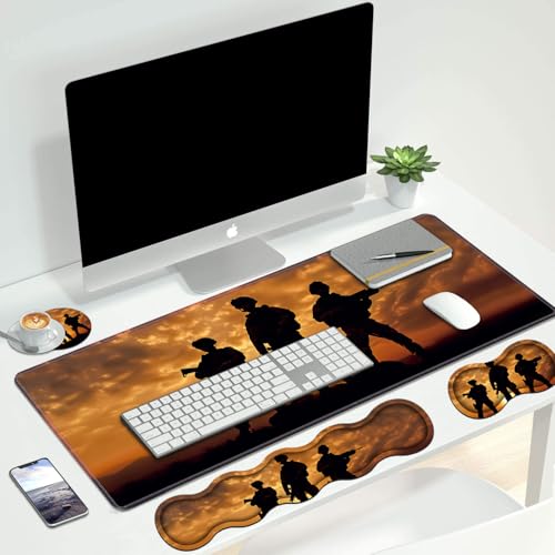 4 in 1 Ergonomic Keyboard Wrist Rest & Mouse Pad Wrist Rest Set, Large XXL Gaming Desk Mat 31.5"x 11.8" with Non-Slip Base, Memory Foam for Home Office Study Gaming, American Soldiers - color: American Soldiers