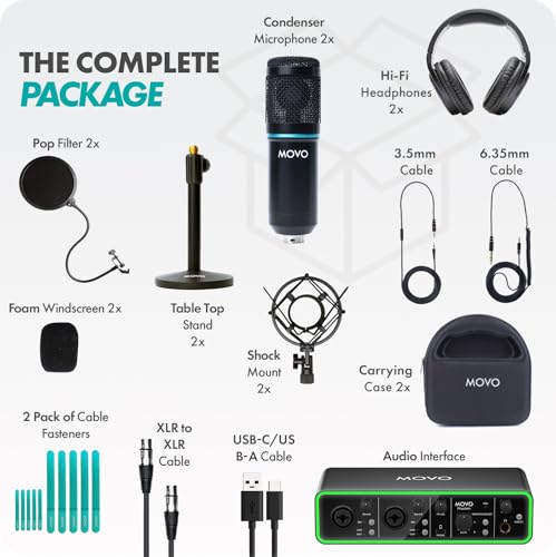 Movo PodPak2T 2-Pack Universal Condenser Microphone Kit with Phantom 2x2 Audio Interface, Desktop Mic Stand, and Studio Headphones- Podcast Equipment Bundle for YouTube, Podcast, Streaming, Musicians - style: with Tabletop Stands