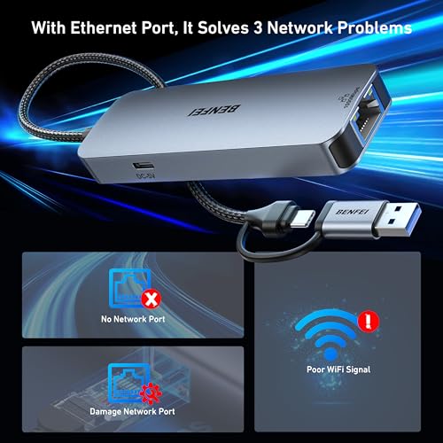 BENFEI USB-C to Gigabit Ethernet Adapter with 3-Port USB 3.0 Hub, RJ45 Network Adapter Compatible with MacBook Pro/Air, iPad Pro, iMac, Galaxy S23, XPS 17, Surface Book 3 - style: USB sideways