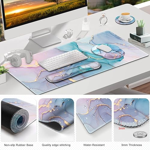 ToLuLu Desk Mat, XXL Large Mouse Pad Wrist Support Set,4 in1 Gaming Mousepad Desk Pad+ Ergonomic Mouse Pad with Wrist Rest + Keyboard Wrist Rest+Coaster for Home Office Computer, Blue Glitter Marble - color: Blue Glitter Marble