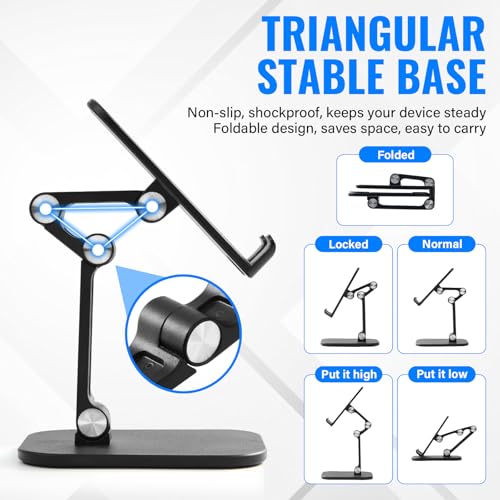 Foldable Desk Phone Stand, Adjustable Phone Holder, Heavy Non-Slip Base, Charging Hole, Thick Case Friendly Cradle for Most Smartphones, iPhone Samsung iPad Tablet Home Office Travel