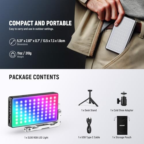 NEEWER 12W RGB Video Light, On Camera LED Panel Key Lighting for Streaming Selfie, 2500K-10000K CRI97+ App/2.4G Control 4300mAh Battery Desk Tripod Stand for Vlogging Video Recording Podcast, SL90