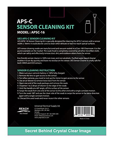UES APS-C Sensor Cleaning Kit (APSC16) - 14pcs 16mm Sensor Cleaning Swabs & 15ml Alcohol-Free Sensor Cleaner - Compatible with Sony, Nikon, Canon, Fujifilm APS-C DSLR & Mirrorless Cameras