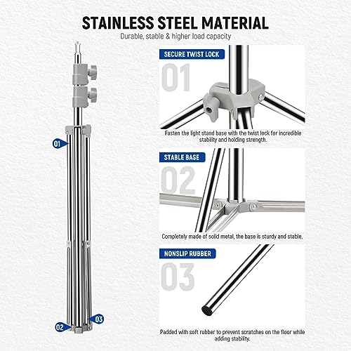 NEEWER Upgraded 75"/190cm Light Stand Stainless Steel Spring Loaded, Foldable Photography Tripod Stand with Stronger Tube Joints for Strobe Softbox LED Ring Light, Max Load 13.5lb/6.5kg, ST-190SS - style: ST-190SS