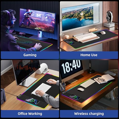 Mouse Pad with Wireless Charging, RGB Gaming Mousepad, Large Desk Mat with Ultra-Smooth Surface, Non-Slip Mouse Mat, Waterproof Computer Keyboard Pad for Gaming, Desk, Office, PC, 800x400x4MM, Black - color: Black-rgb+wireles Charging