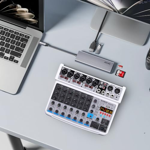 BOMGE 8 channel mini audio mixer Line Mixer,DC 5V,with MP3 Player,Bluetooth, U disk 48V,24DSP effects, USB recording Ideal for Small Clubs or Bars, Studio Recording (8 channels-WHITE)