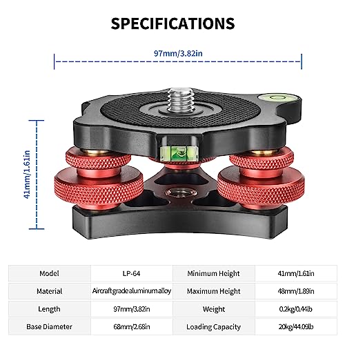 Tripod Leveling Base Camera Leveler, Aircraft Grade Aluminum Alloy 3 Axis Tri Wheel Head, 3/8” Thread, with +/-5 Degree Precision Adjustment for DSLR Camera Rotator Panoramic Head LP-64