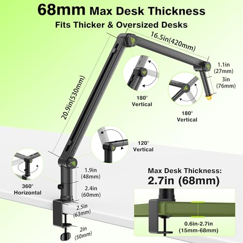 AA AUDIO ACCESSORY Design for Shure SM7B SM7dB MV7 Never-Sag Mic Boom Arm, Extra-Long 950mm Reach, 6.6lbs Load Capacity, Gear-Lock Suspension Microphone Stand Desk Mount for Blue Yeti Rode Heavy Mics - color: Black