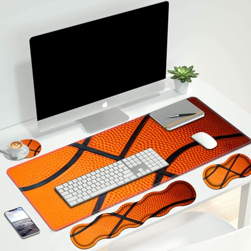 4 in 1 Ergonomic Keyboard Wrist Rest & Mouse Pad Wrist Rest Set, Large XXL Gaming Desk Mat 31.5"x 11.8" with Non-Slip Base, Memory Foam for Home Office Study Gaming, Basketball Surface - color: Basketball Surface