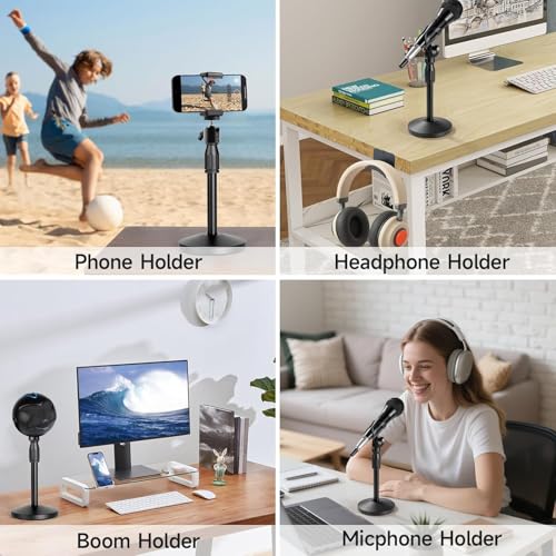 Height&Angels Adjustable Desktop Microphone Stand for Diameter Max 1.77" with Phone Holder and Headset Holder Up to 3.3Lbs, 5/8" Male to 3/8" Adaptor for Blue Yeti Snowball Spark and More (Upgraded) - size: Medium-Upgraded