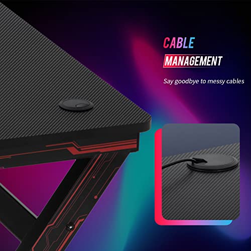 BestOffice | 47" Gaming Desk | Red | Carbon Fiber Textured Computer Desk | Sturdy Steel Frame, Cup Holder, Headphone Hook, Cable Management Holes, Adjustable Leg Pads | for Gamers, Home, Office - color: Red, size: 47 Inch R Shaped