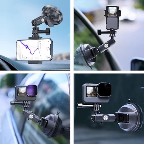 TELESIN Suction Cup Car Mount with Phone Holder, Windshield Window Dashboard Boats Vehicle Attach for DJI Osmo Pocket 4/3 Action 6/5/4 GoPro Mission 1 PRO Hero 13 Insta360 Luna Ultra Xtra Camera Mount - color: Suction Mount+Phone Holder