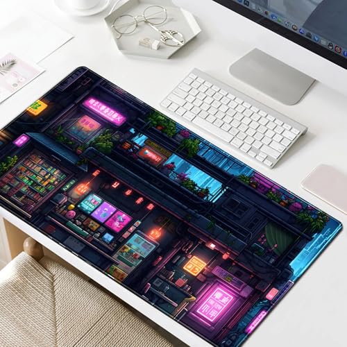 Cyberpunk Desk Mat 31.5''X15.7'' Neon Lights Desk Pad Large Gaming Mouse Pad Modern City Ramen Shop Extended Mousepad XXL Japanese Keyboard Mouse Mat for Computer Laptop Gamers - color: Cyberpunk Purple Blue Black