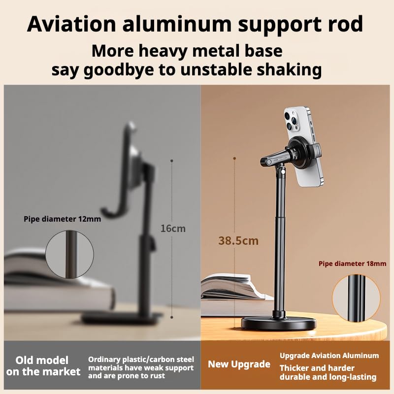Height Adjustable Phone Stand for Desk, Retractable Desktop Phone Holder, 180° Flip & 360° Rotation Design,Compatible with iPhone/Android Devices,Ideal for Live Streaming and Video Recording (White)