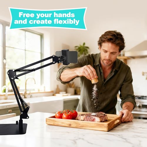 Hivexagon Magnetic Overhead Phone Stand - Articulating Arm Stand with Base, 360 ° Multi Angle Adjustable, Equipped with Phone Specific Clip