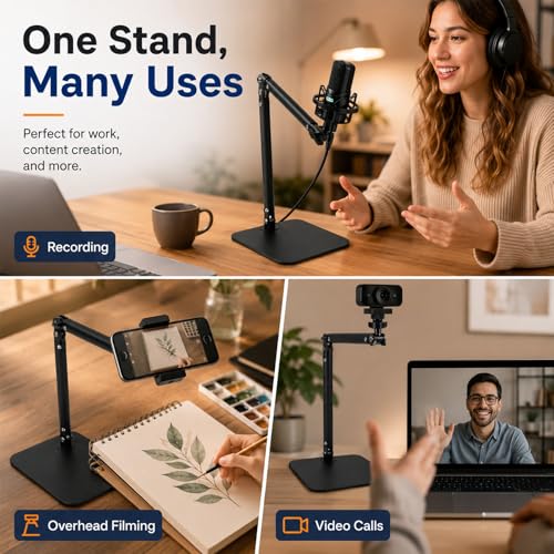 Desktop Microphone Stand with Weighted Steel Base, Adjustable Studio Mic Stand and Mic Arm for Desk, No-Clamp Tabletop Stand with 3/8", 5/8", 1/4" Adapters and Phone Holder