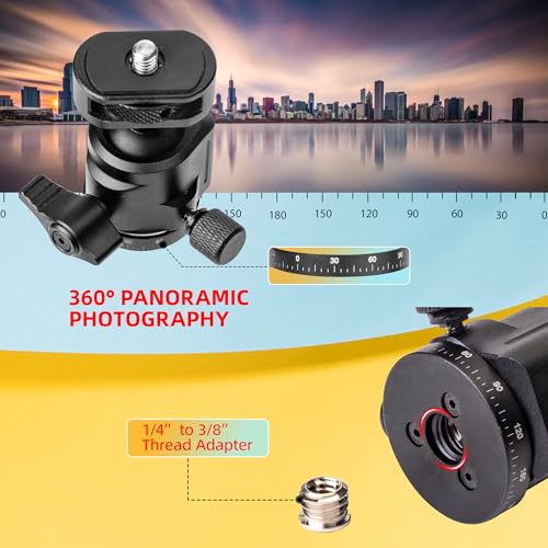 Zeadio Ball Head Mount with 1/4" & 3/8" Thread - 360° Panoramic Heavy Duty Metal Camera Mount Tripod Head for DSLR, Gimbal, Action Cam (Small,Height 64cm)