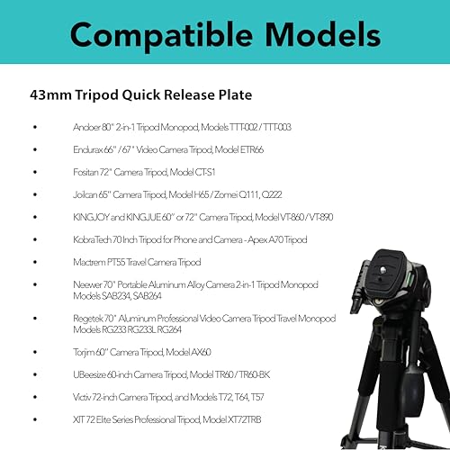 Foto&Tech 2 Pcs 43mm Tripod Quick Release Plate, Camera Mounting Adapter, Replacement Parts for Tripod, for KingJoy, UBeesize 60” TR60, Torjim 60-Inch AX60, Victiv, Endurax 66" ETR66, Zomei Q111 - size: 43mm