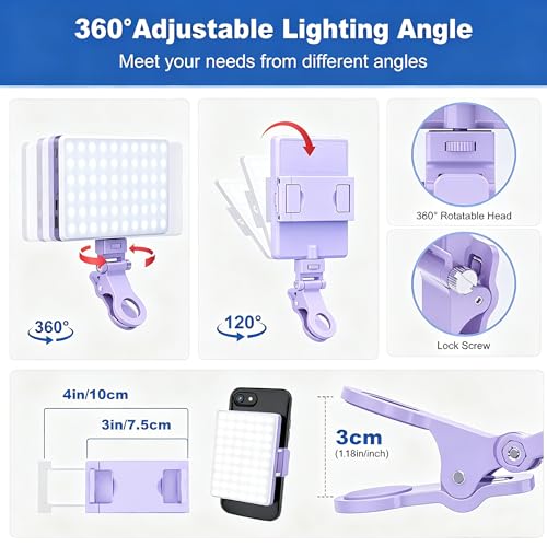 Selfie Light, Phone Light with Front & Back Clip, 60 LED Portable Light with 3 Modes, 5000mAh Rechargeable Video Light for Phone, iPhone, IPad, Laptop, TikTok, Makeup, Live Stream, Vlog(Purple) - color: Purple