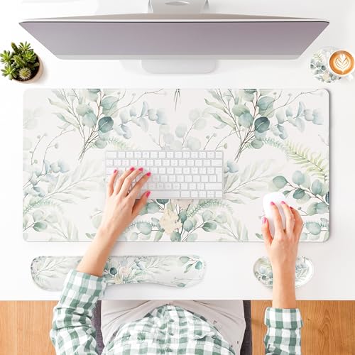 QIYI Leather Desk Mat Set, 4-in-1 Large Mouse Pad with Ergonomic Wrist Rest, Waterproof Desk Pad + Keyboard Wrist Rest +Mouse Wrist Support+Coaster, Non-Slip Office Gaming Accessories, Eucalyptus Leaf - color: Eucalyptus Leaf