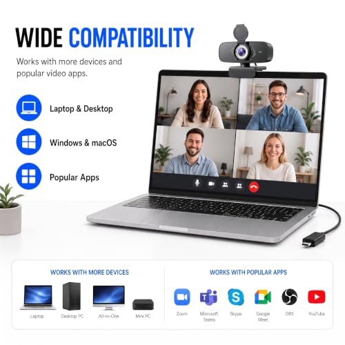 1080P Webcam with Microphone for PC, Full HD USB Computer Camera with Low Light Correction, Wide Angle Web Camera for Streaming, Zoom, Teams, Skype, Plug and Play Webcam for Laptop Desktop Mac