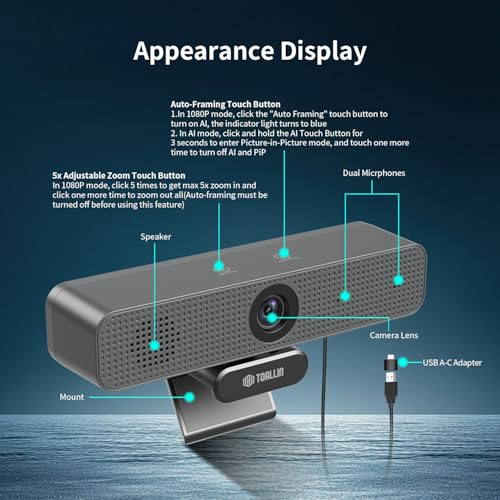 TOALLIN 3-in-1 4K Webcam with Mics and Speaker, AI Tracking & Framing, 5X Zoom, WDR/HDR, All-in-One Conference Camera for Meetings, Streaming, Video Calls
