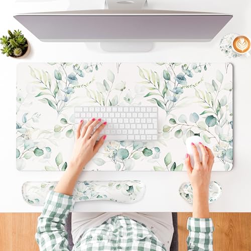 QIYI Leather Desk Mat Set, 4-in-1 Large Mouse Pad with Ergonomic Wrist Rest, Waterproof Desk Pad + Keyboard Wrist Rest + Mouse Wrist Support + Coaster, Non-Slip Office Gaming Accessories, Eucalyptus - color: Eucalyptus Branches