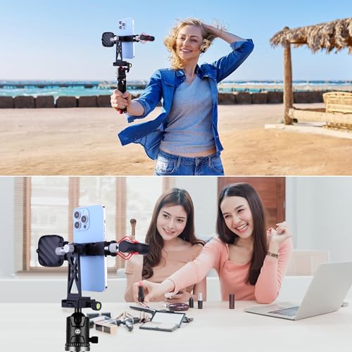 Metal Phone Tripod Mount Extra Deep Clamp with Arca Port Cold Shoe 360°Ball Head Cellphone Tripod Adapter for iPhone Galaxy Smartphone Stand Holder for Vlogging Video Camera Monitor