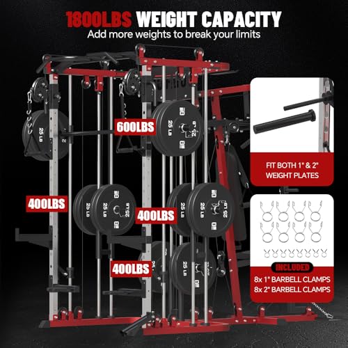 All in One Home Gym System Workout Station, Multi-Function Smithe Machine Power Cage with Cable Crossover System, Tripe-Sided Independent Load Posts, Functional Trainer for Full Body Training - color: Red, style: Home Gym Station with Weight Bench (9001)