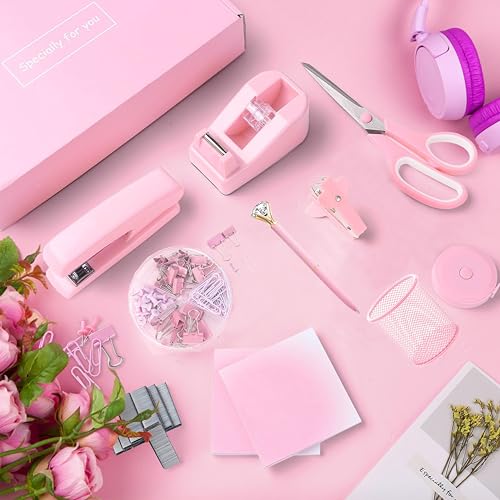 Pink Office Supplies, Pink Desk Accessories, Stapler, Staple Remover, Tape Holder, Pen Holder, Ballpoint Pen, Scissor, Binder Clips, Paper Clips and 1000pcs Staples. - color: Pink
