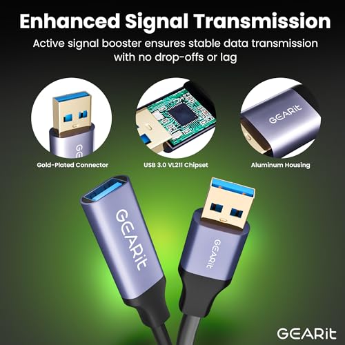 GEARit USB 3.0 Active Extension Cable (30 Feet) A-Male to A-Female USB Repeater with Signal Booster for Oculus Rift, Quest Link, Xbox 360 Kinect, PlayStation, Printer, Webcam - 30ft - size: 30 Feet