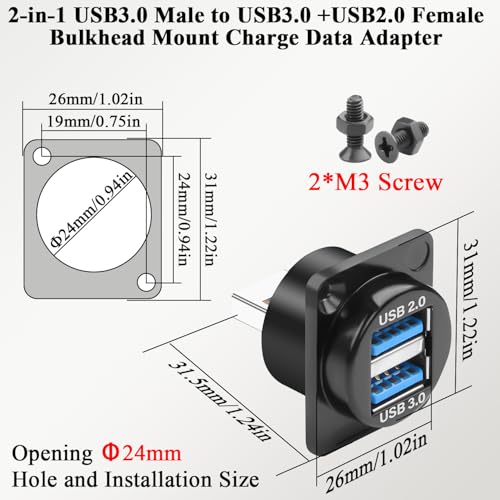 QIANRENON 2 in 1 USB 3.0 to USB3.0 & USB2.0 Panel Mount Adapter 5Gbps USB3.0 Male to USB-3.0 Female + USB2.0 Female Bulkhead Mount Charging Data 1 in 2 Connector 5V1.5A, for Expansion USB Port