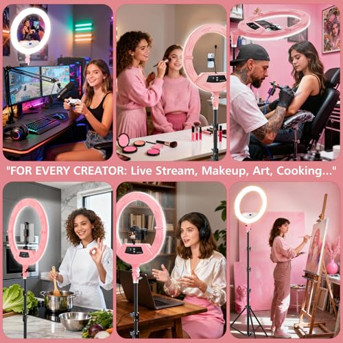 22" Large Ring Light with Stand,Foldable LED Big Ring Light Tripod for iPhone Phone Ipad, 75" Tall Tripod Touch Screen,Wireless Remote for Live Stream,YouTube,TikTok Video Shooting Pink - color: Pink