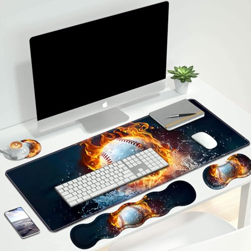 4 in 1 Ergonomic Keyboard Wrist Rest & Mouse Pad Wrist Rest Set, Large XXL Gaming Desk Mat 31.5"x 11.8" with Non-Slip Base, Memory Foam for Home Office Study Gaming, Burning Baseball Fire and Water - color: Burning Baseball Fire and Water